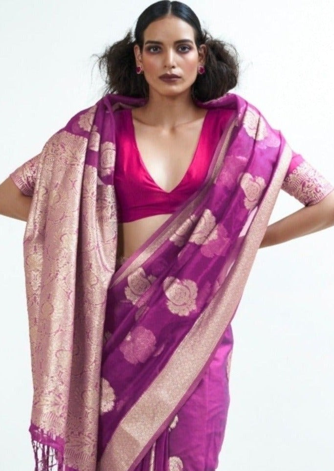 Pure Handloom Organza Bridal Magenta Pink Saree