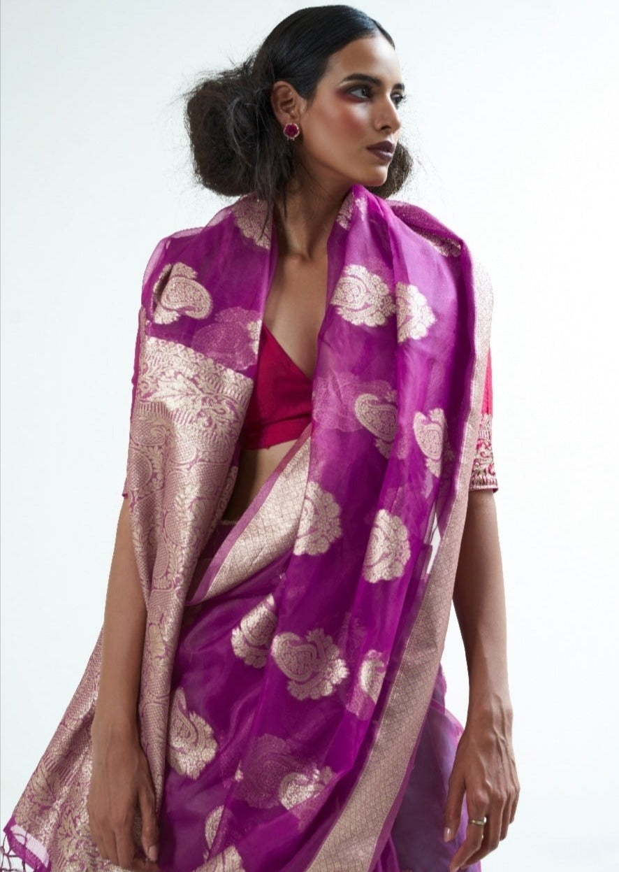 Pure Handloom Organza Bridal Magenta Pink Saree