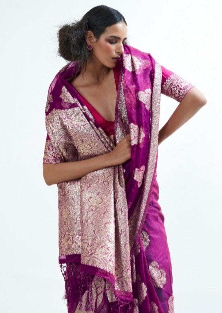 Pure Handloom Organza Bridal Magenta Pink Saree