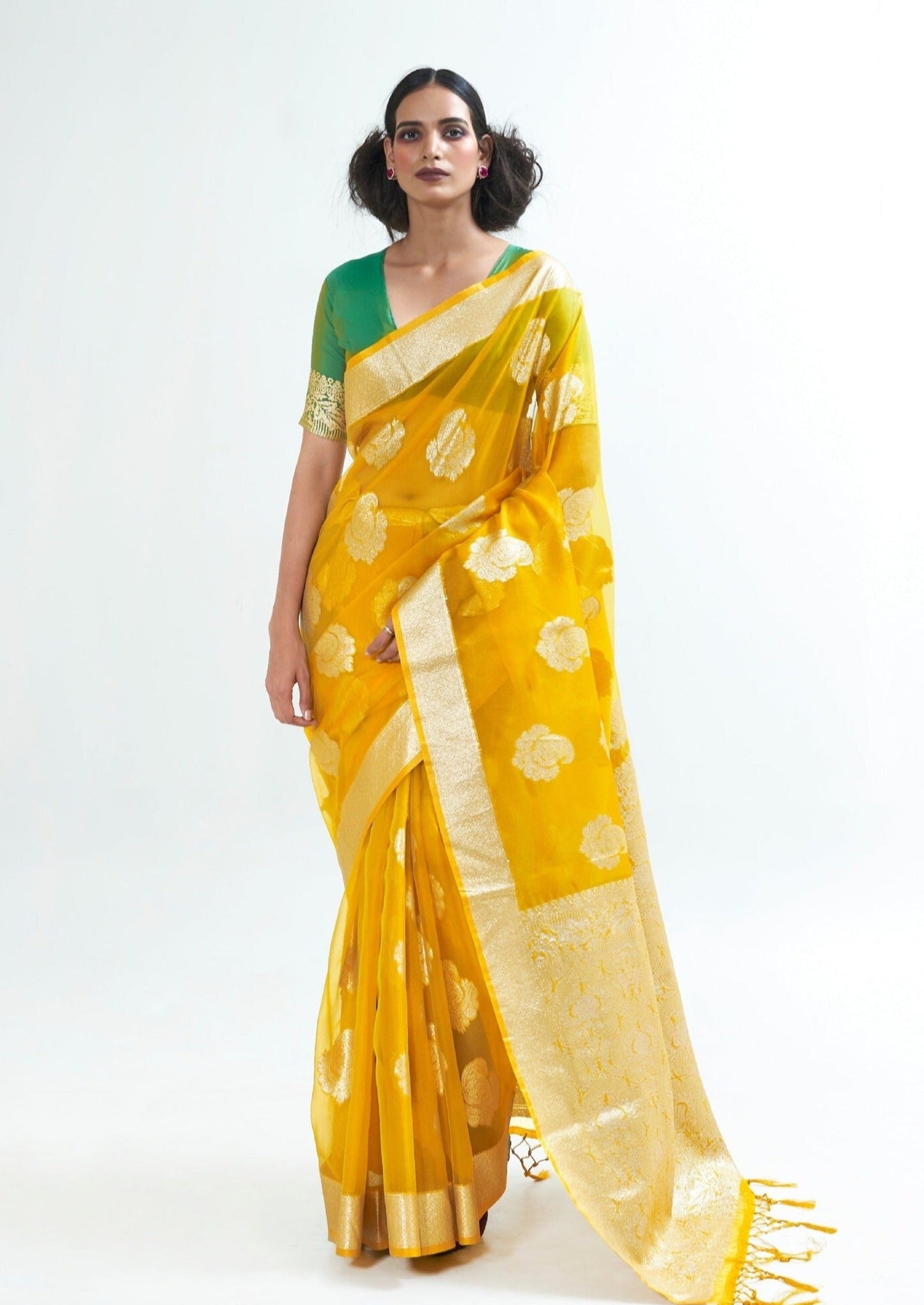 Pure Handloom Organza Bridal Yellow Saree