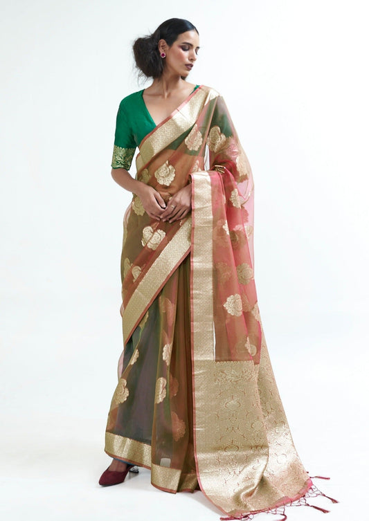 Pure Handloom Organza Bridal Rust Brown Saree