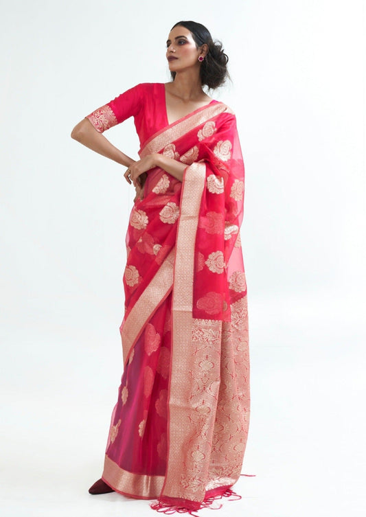 Pure Organza Handloom Silk Bridal Red Saree