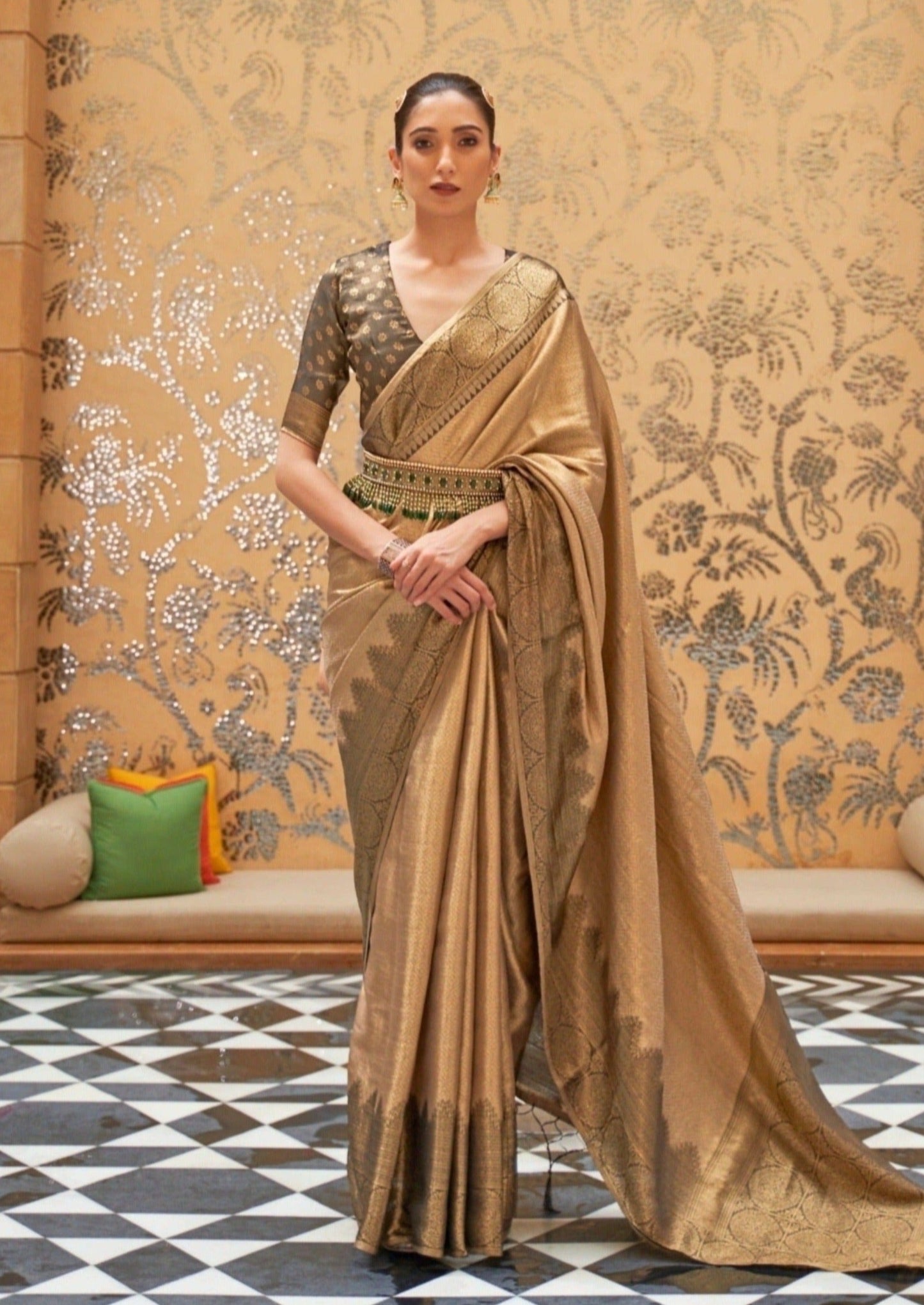 Handloom Kanjivaram saree for bride in brown color.