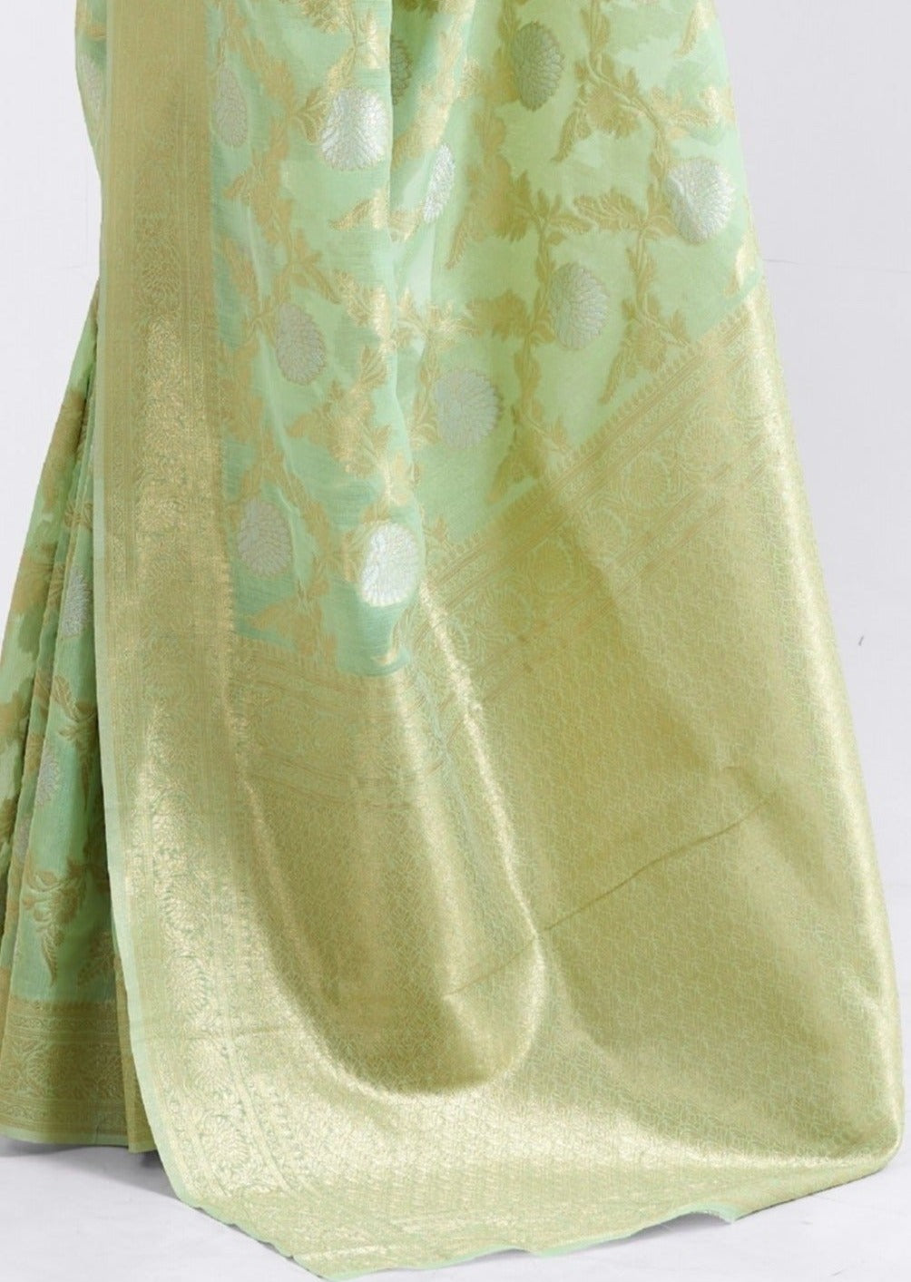 Pure Handloom Linen Mint Green Zari Saree