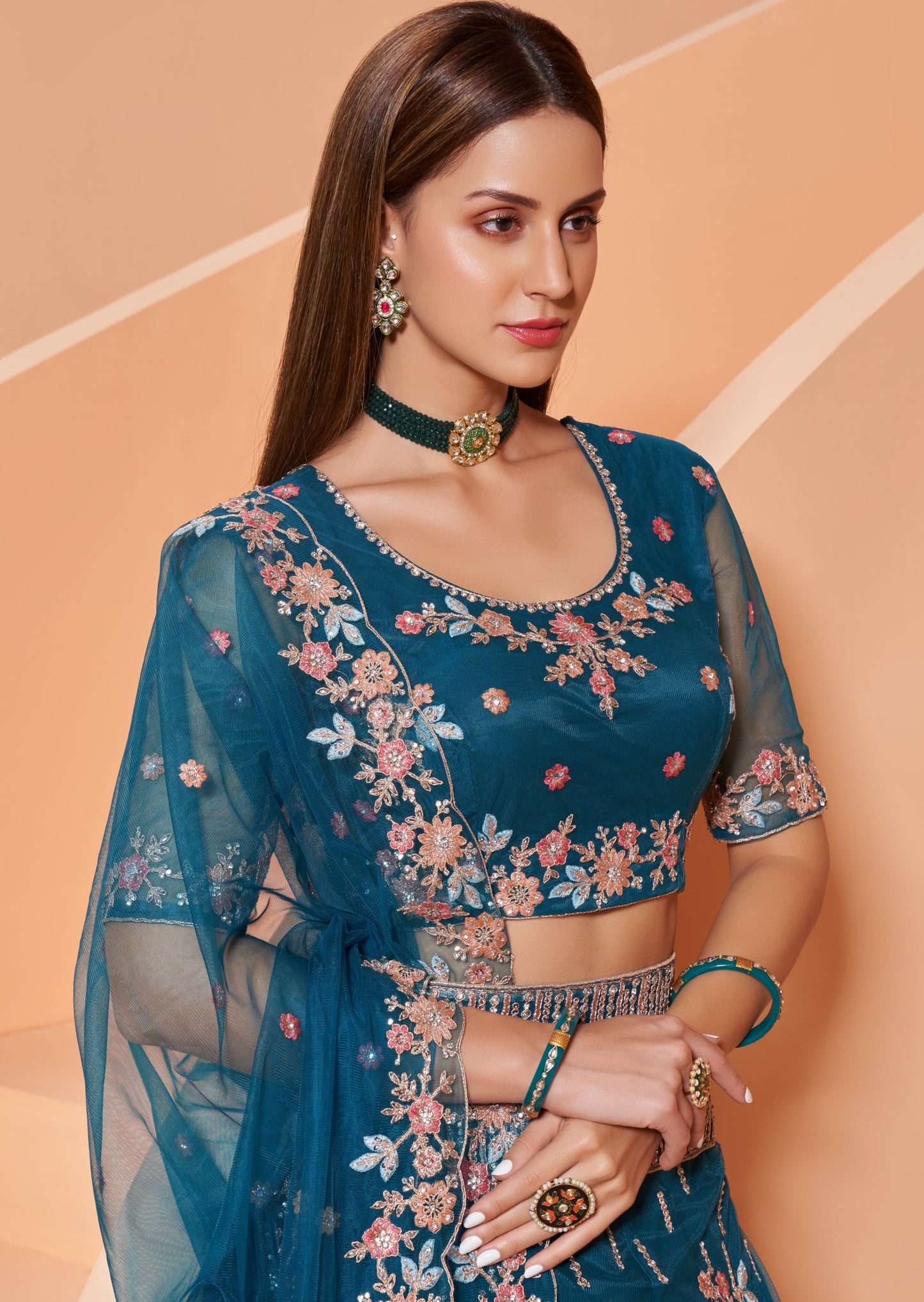 Cerulean Blue Designer Net Lehenga