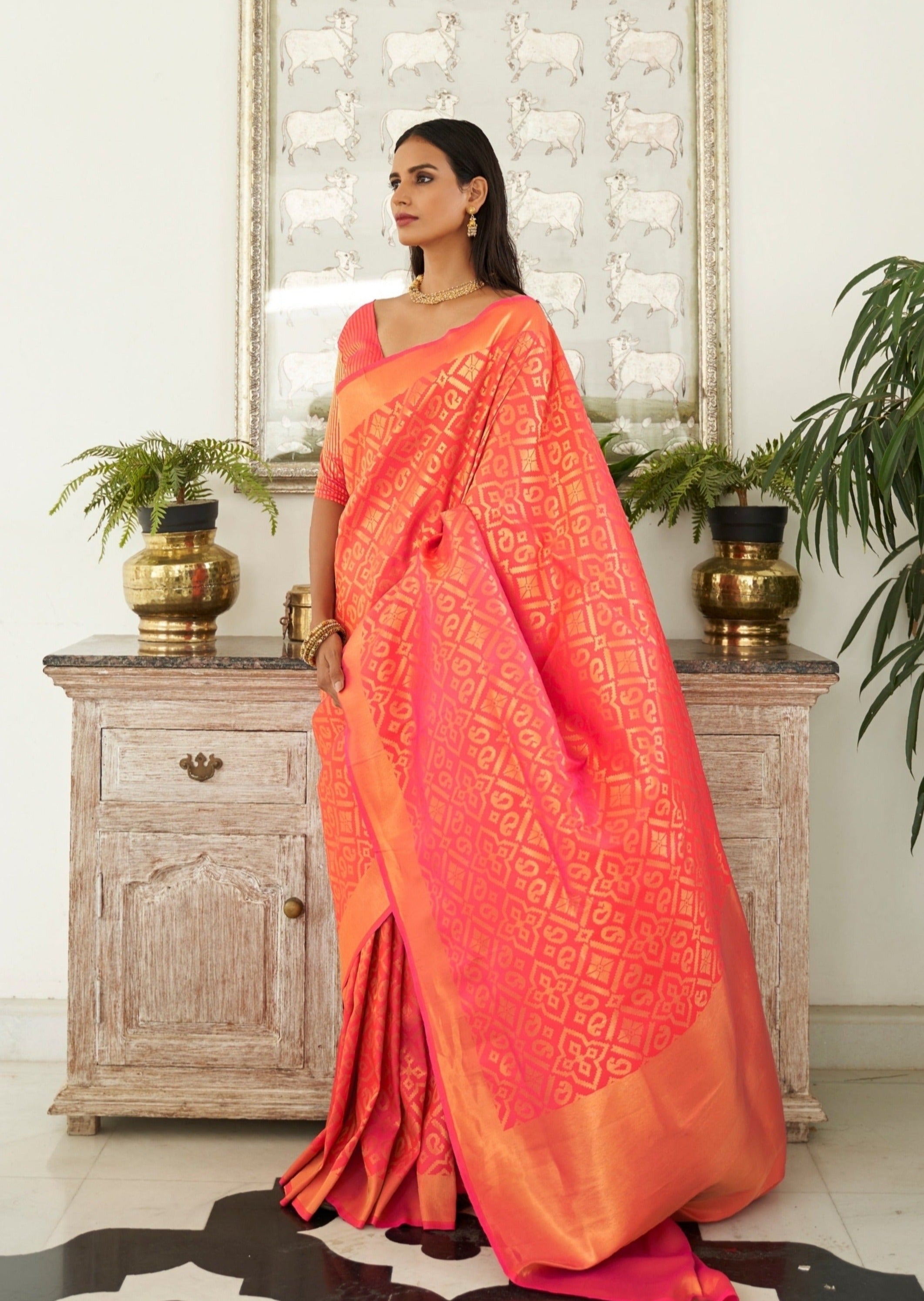 Spark The Difference In Orange Banarasi Silk Saree With Unstitched Blouse