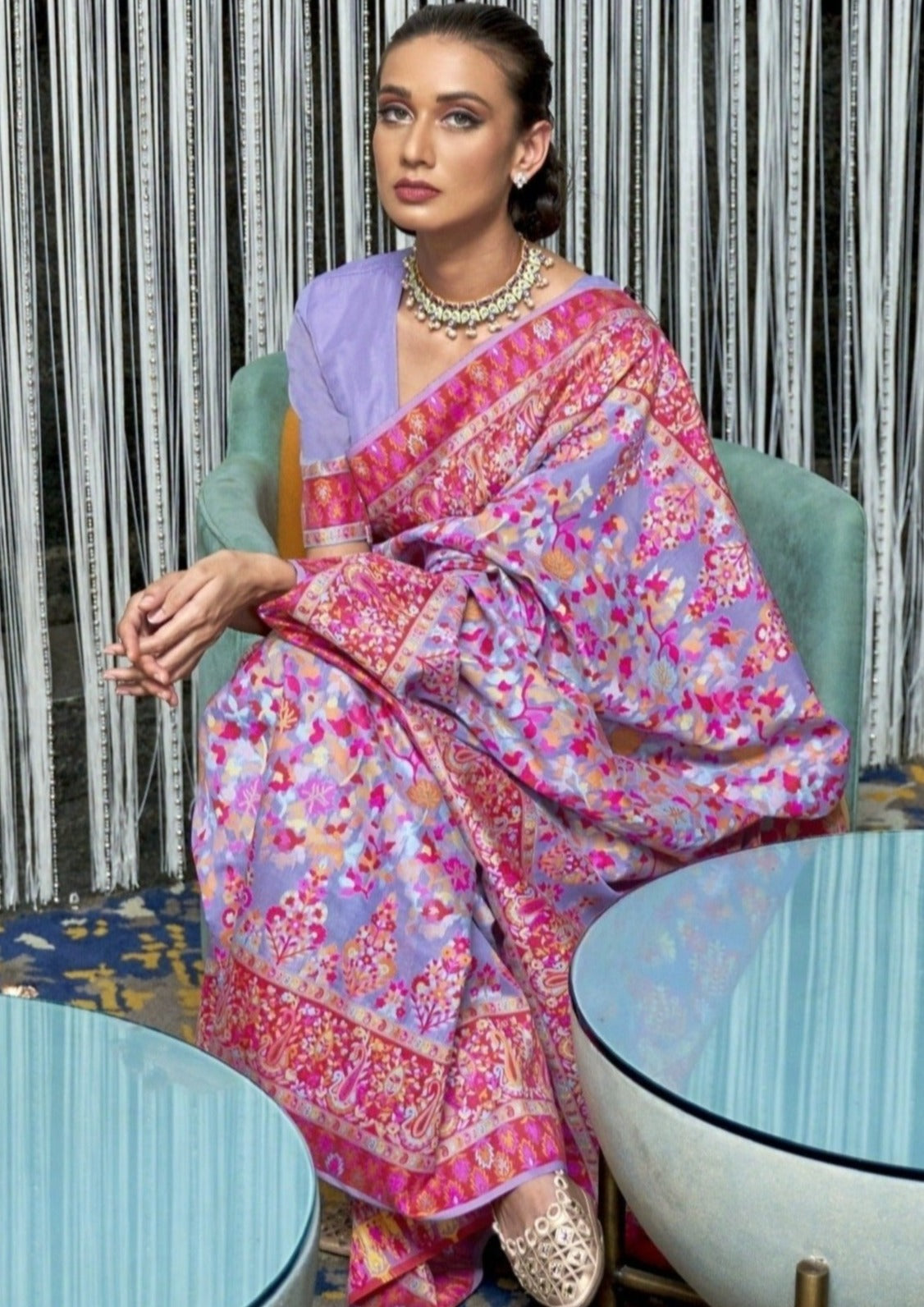 Pure Kashmiri Silk Purple Handloom Saree