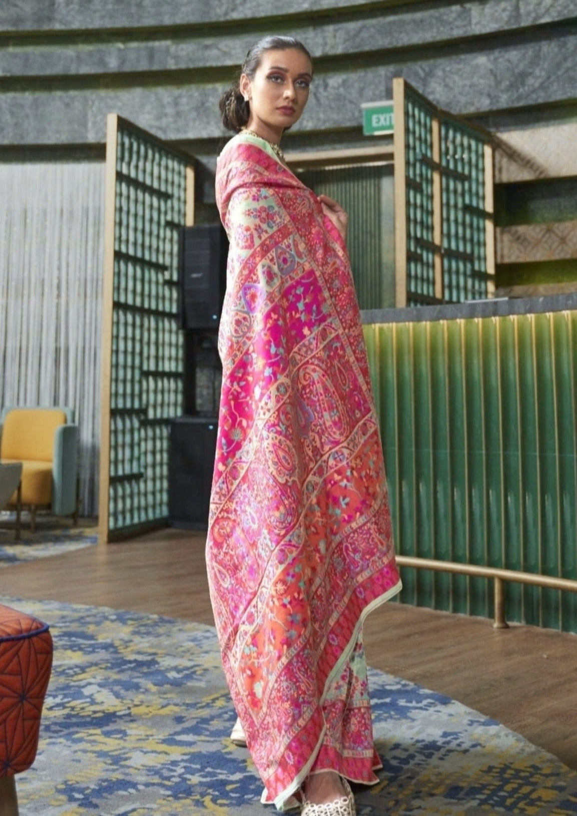 Pure Kashmiri Silk Pear Green Handcrafted Saree