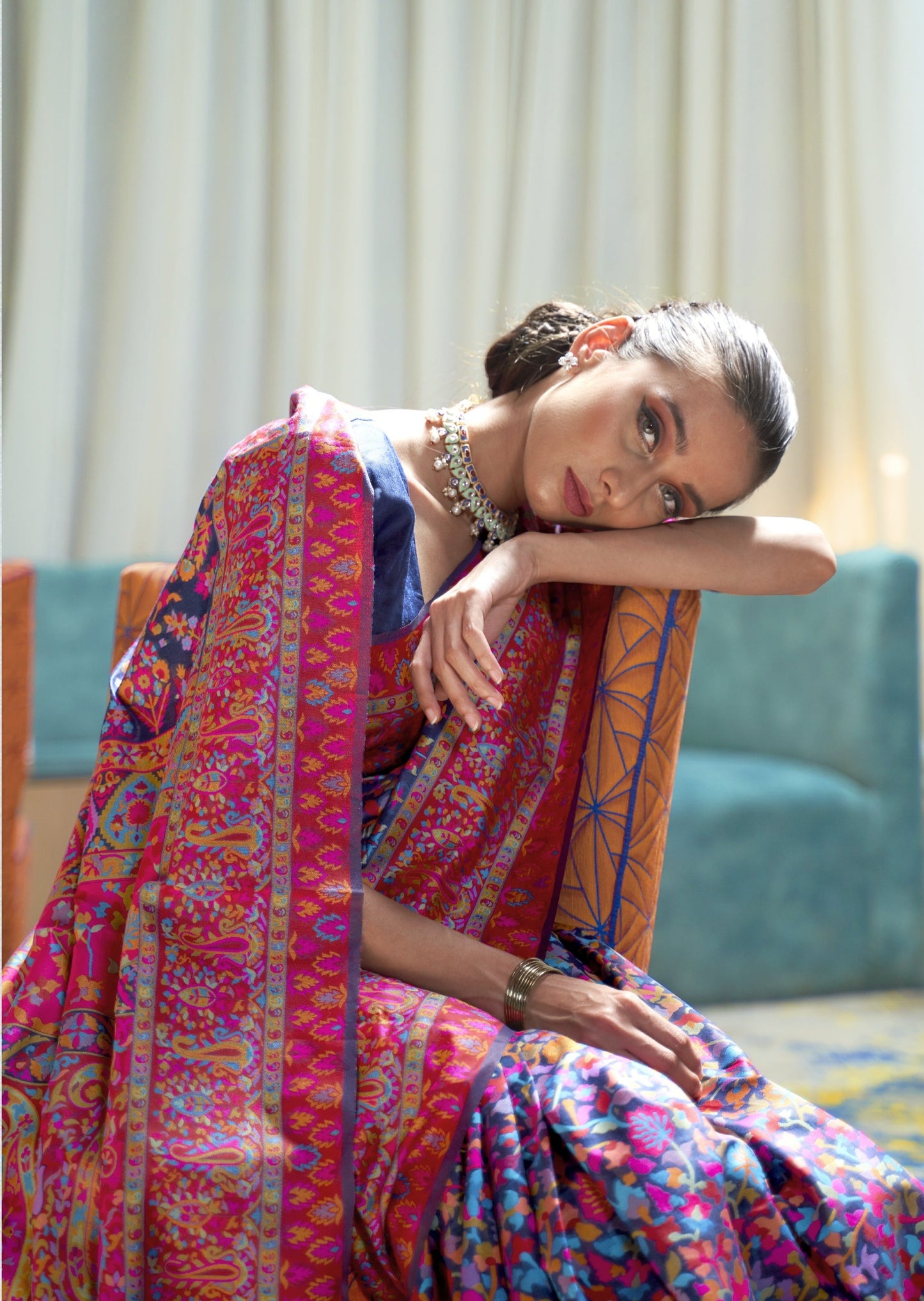 Pure Kashmiri Silk Berry Blue Pashmina Saree