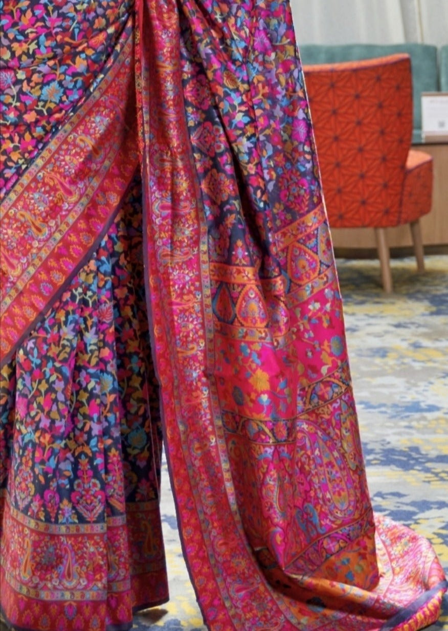 Pure Kashmiri Silk Berry Blue Pashmina Saree