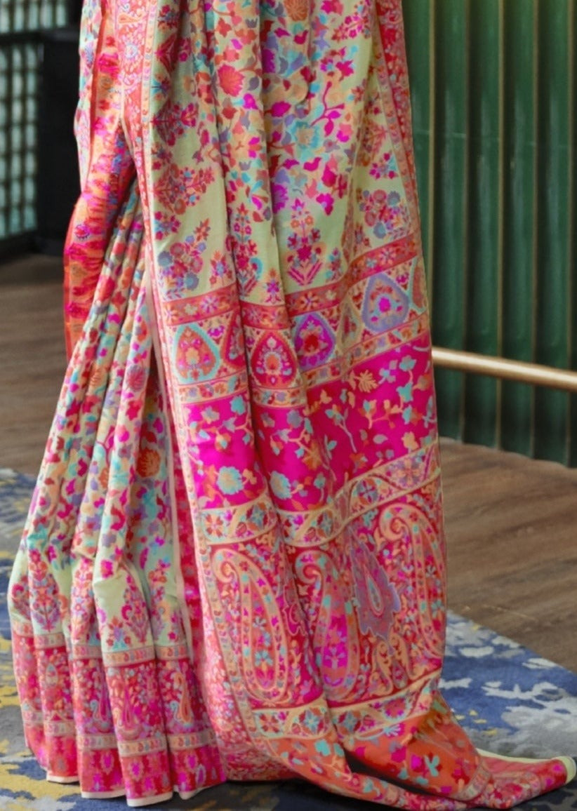 Pure Kashmiri Silk Pear Green Handcrafted Saree