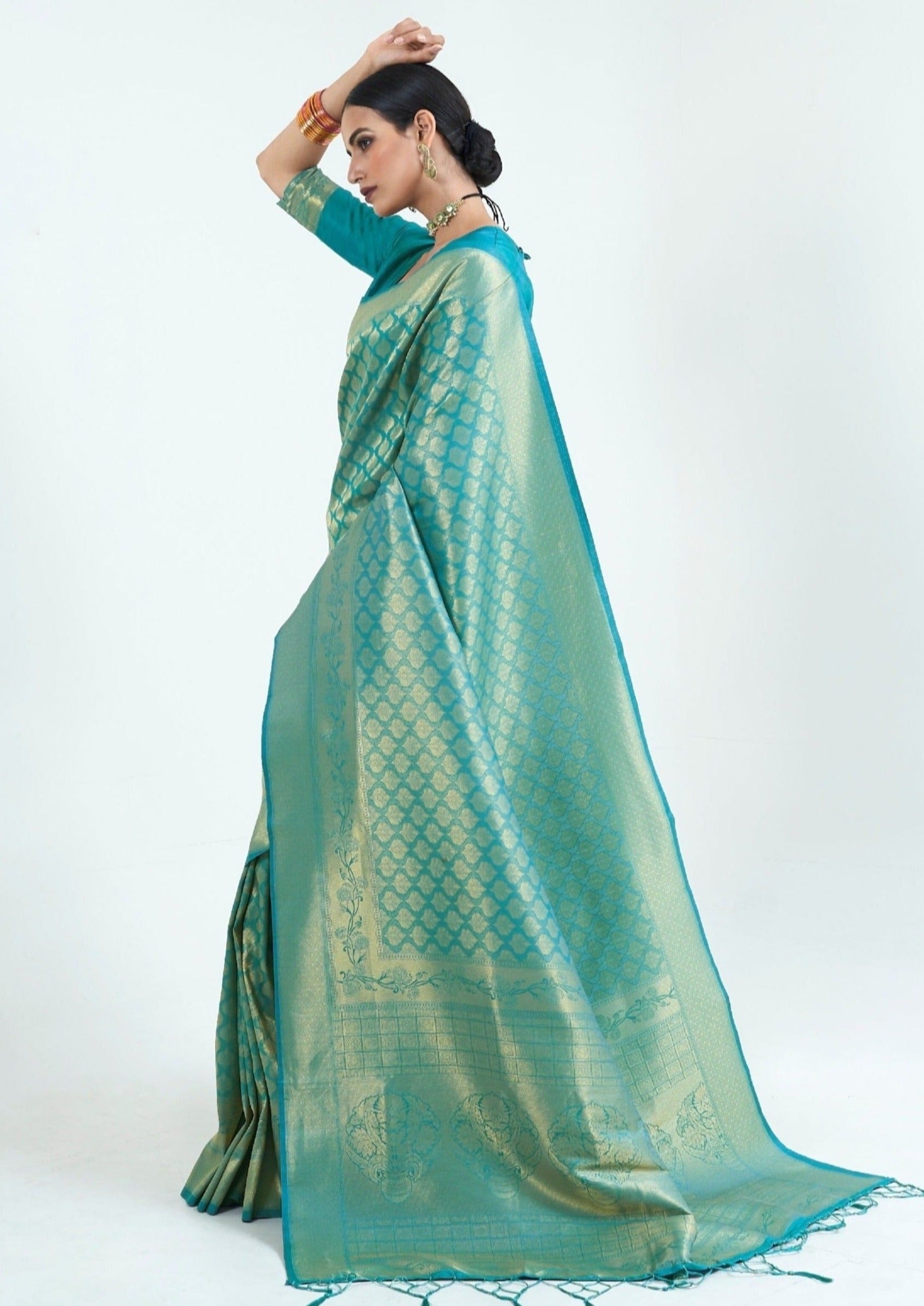 Turquoise Kanjivaram Silk Readymade/Easy Saree