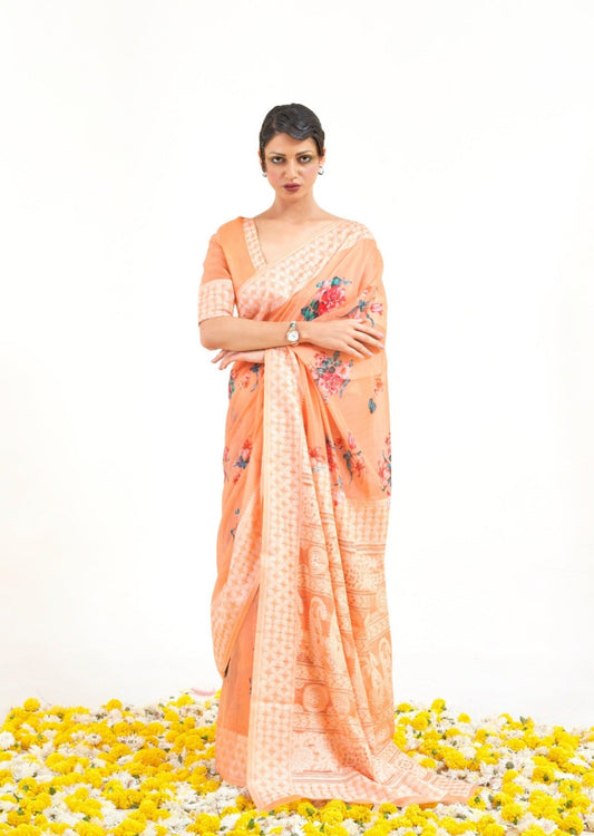 Lucknowi Chikankari Digital Print Peach Saree