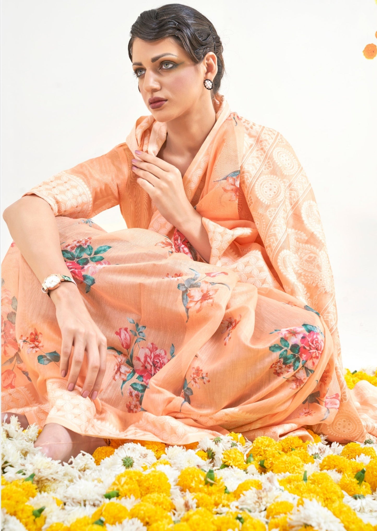 Lucknowi Chikankari Digital Print Peach Saree
