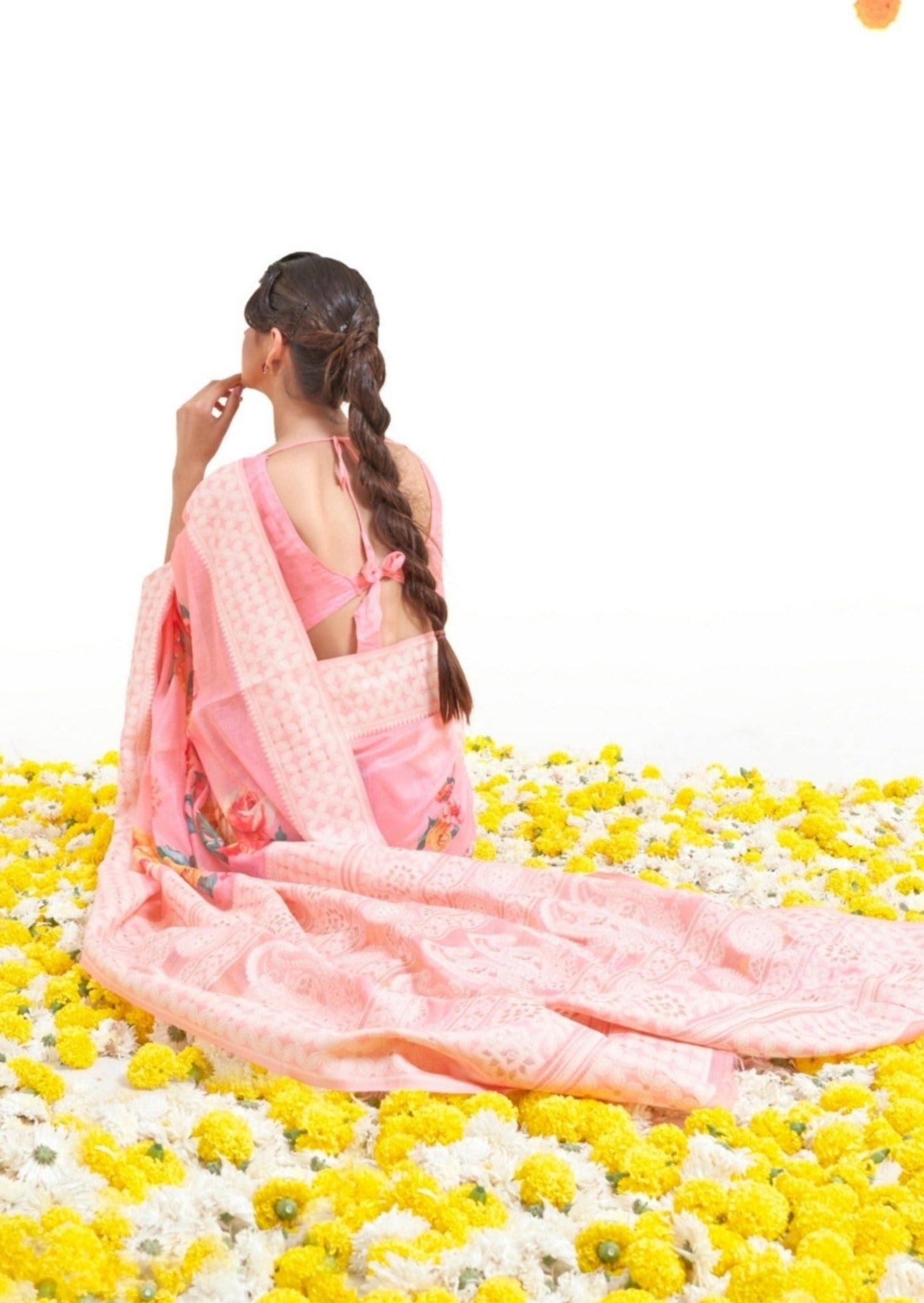 Lucknowi Chikankari Digital Print Pink Saree