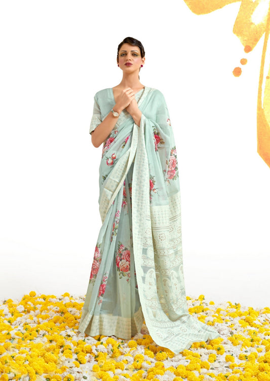 Lucknowi Chikankari Digital Print Mint Green Saree