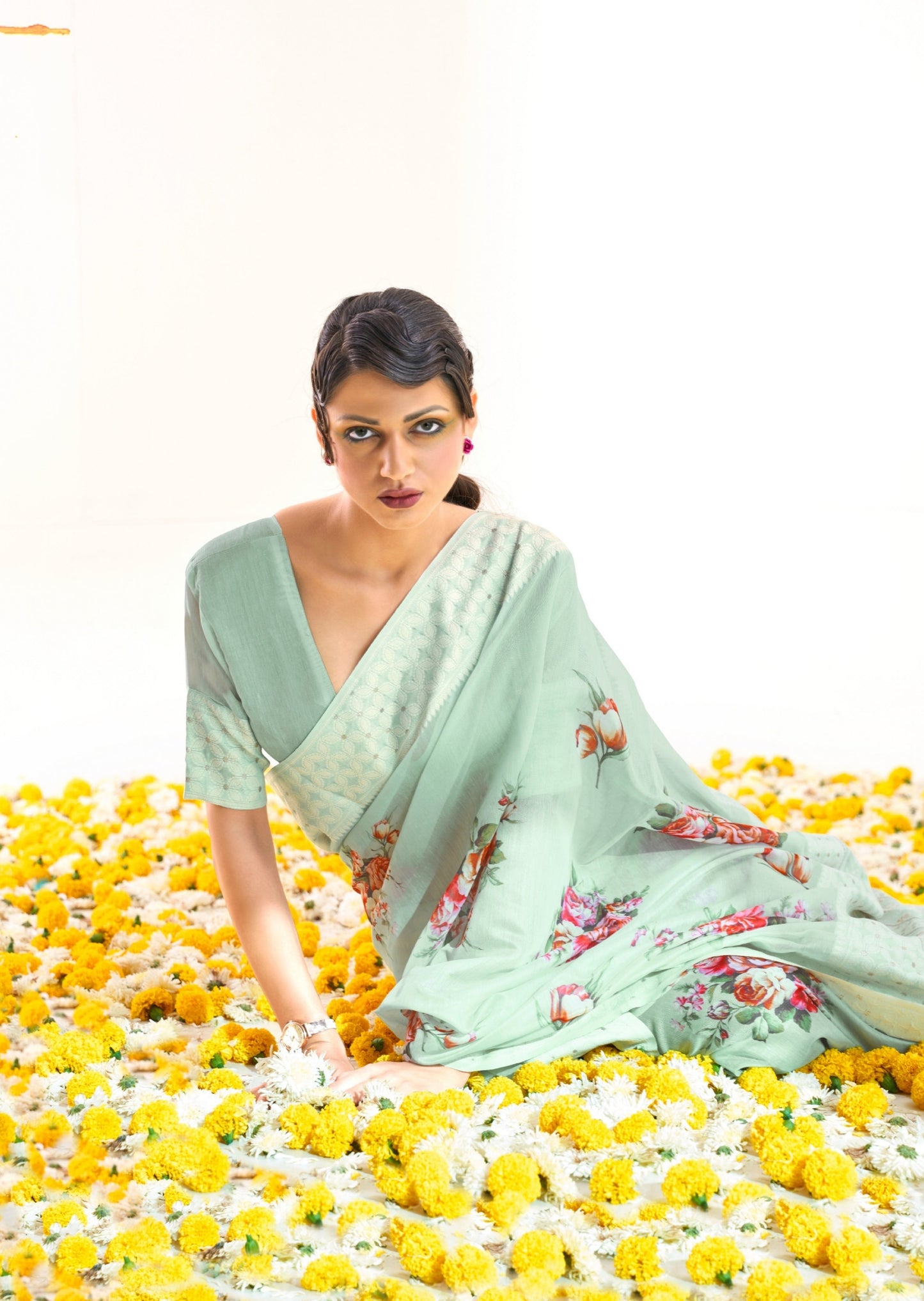 Lucknowi Chikankari Digital Print Mint Green Saree
