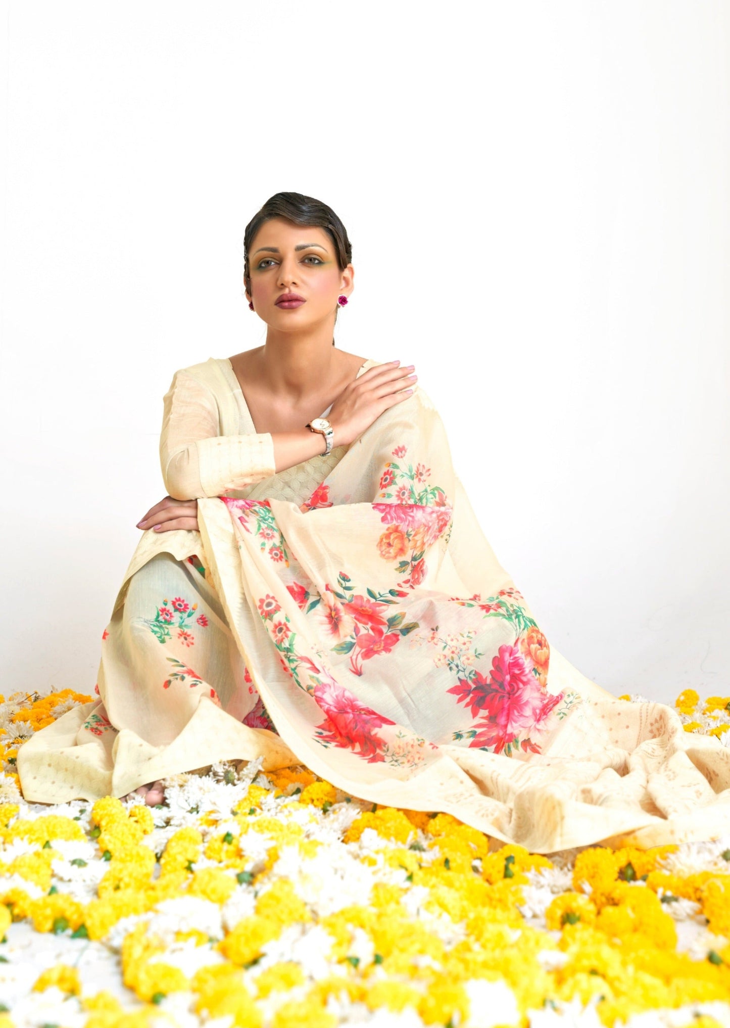 Lucknowi Chikankari Digital Print Off White Saree