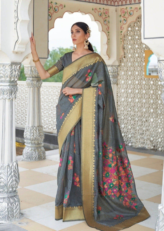 Pure Handloom Linen Grey Saree