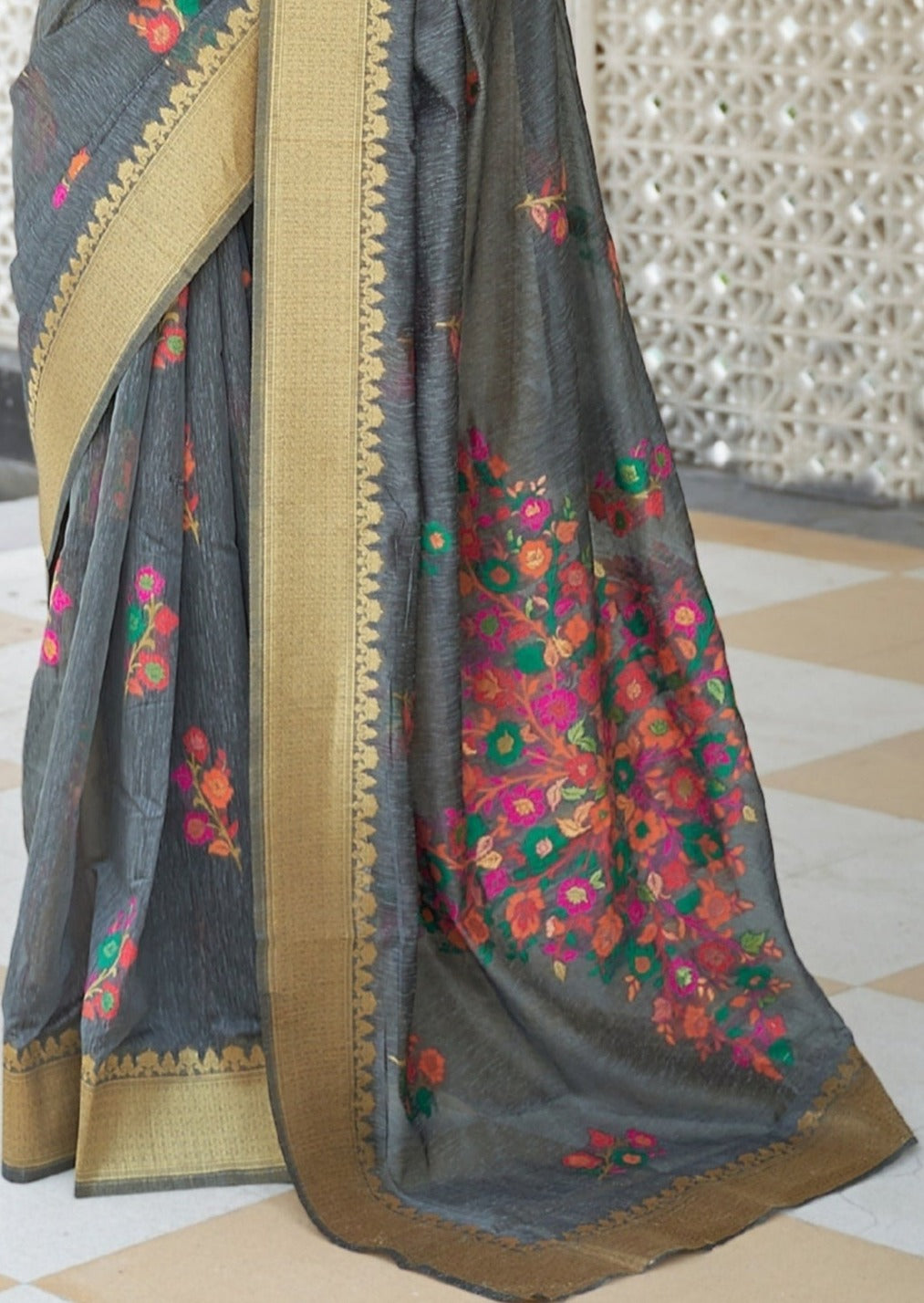 Pure Handloom Linen Grey Saree