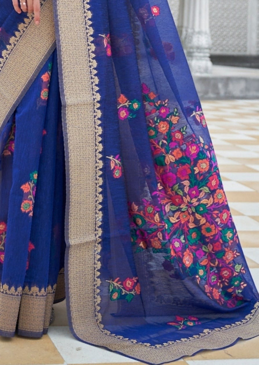 Pure Linen Rich Blue Handloom Saree