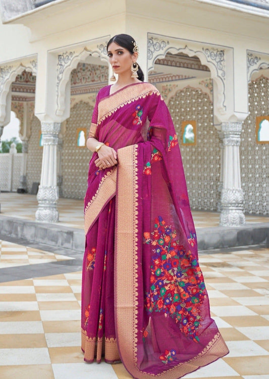 Pure Linen Magenta Handloom Saree
