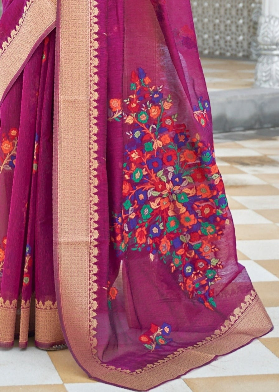 Pure Linen Magenta Handloom Saree