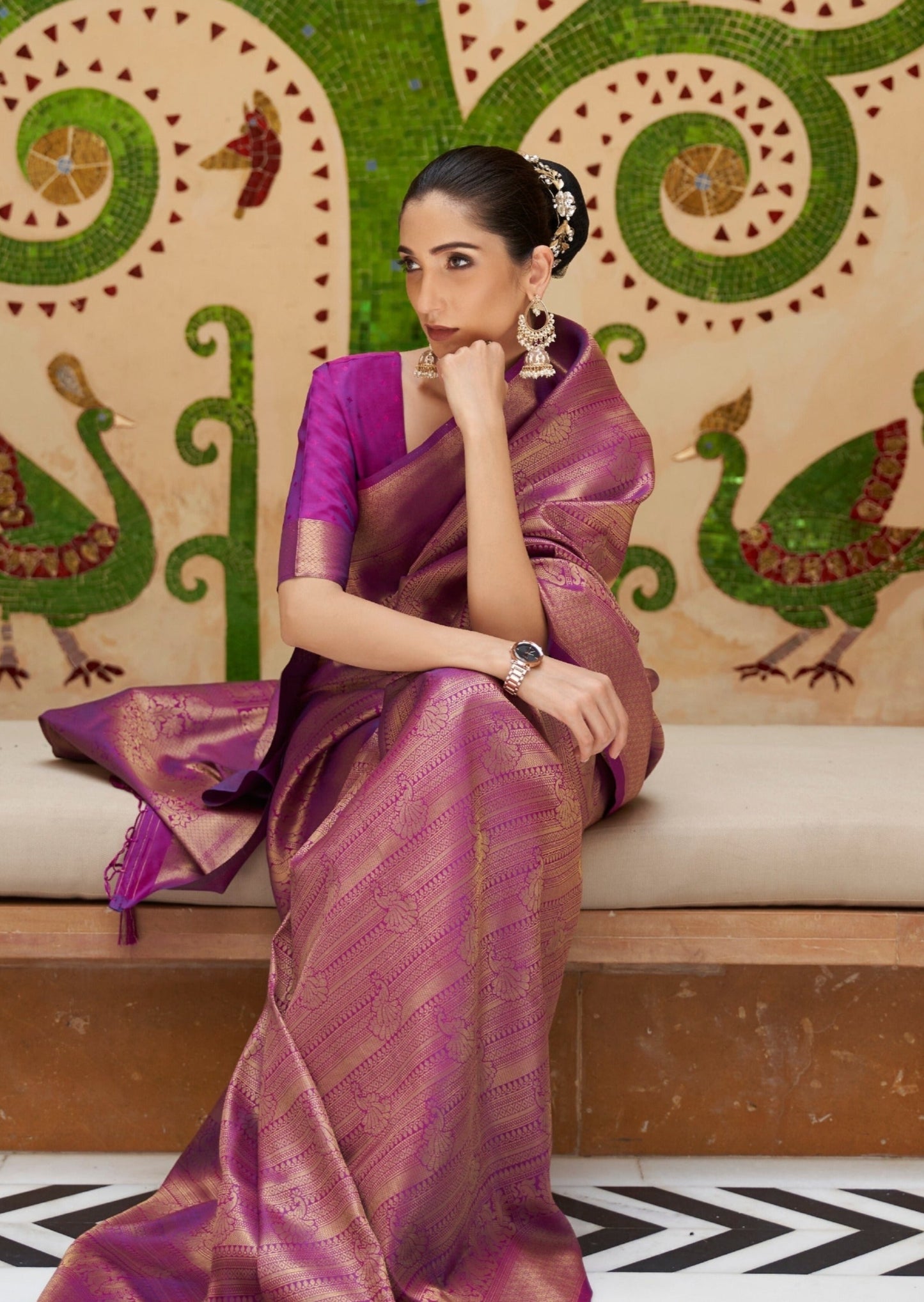 Magenta pink kanchipuram saree from weavers online.