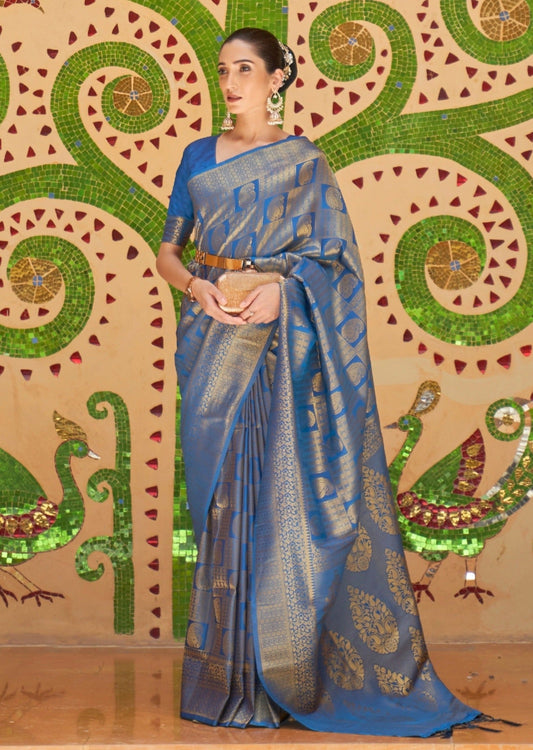 Kanjivaram pure silk sarees in sapphire blue colour online shopping india for wedding.