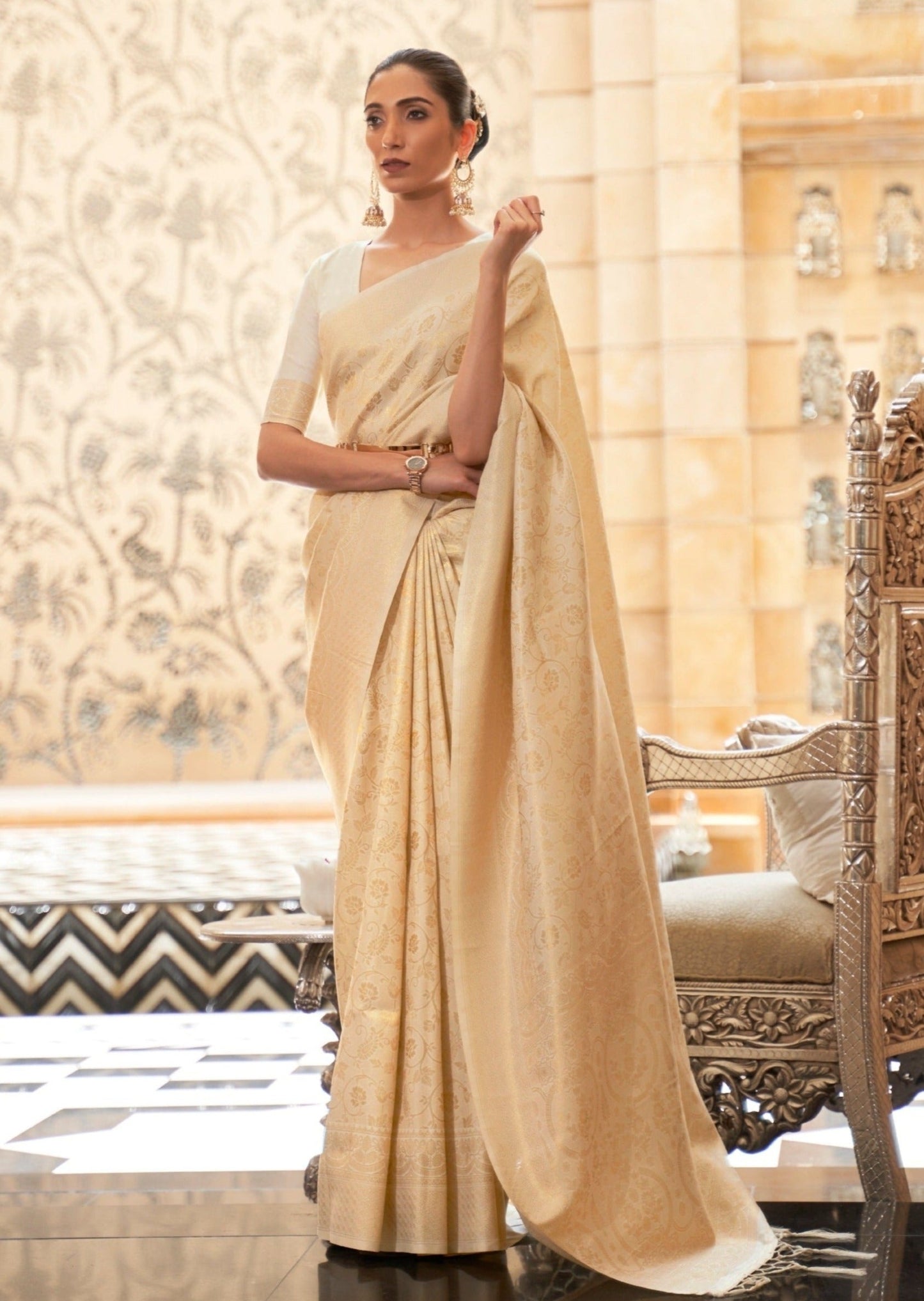 Royal Portraiture Kanjivaram Silk Cream Saree