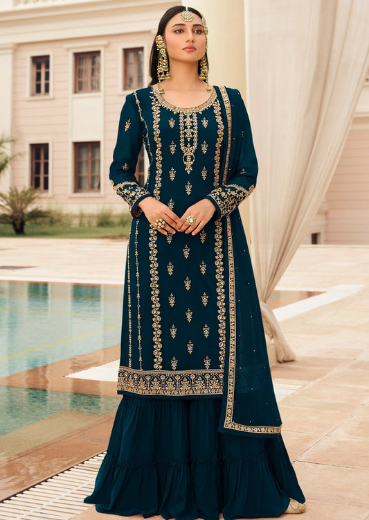Semi Stitched Georgette Teal Blue Salwar Suit