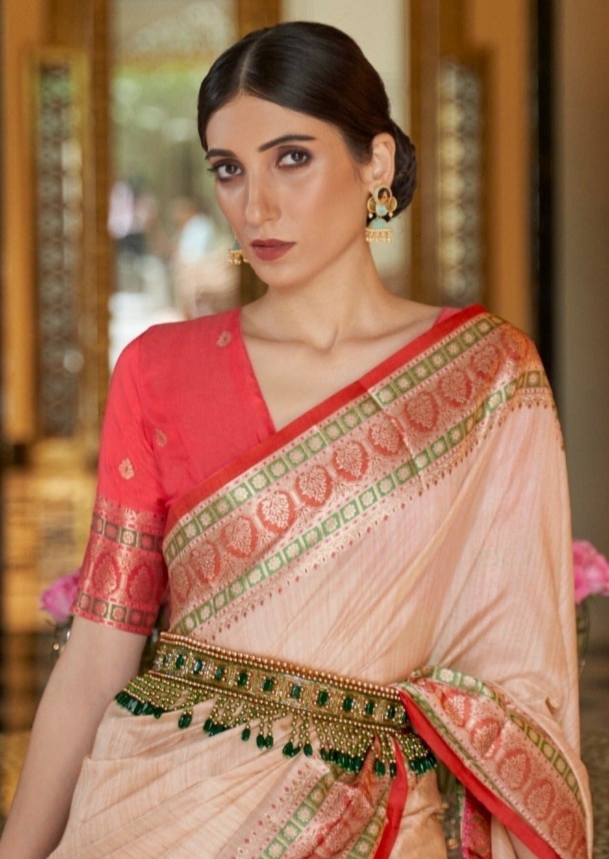 Pure Banarasi Tussar Silk Porcelain Peach Saree