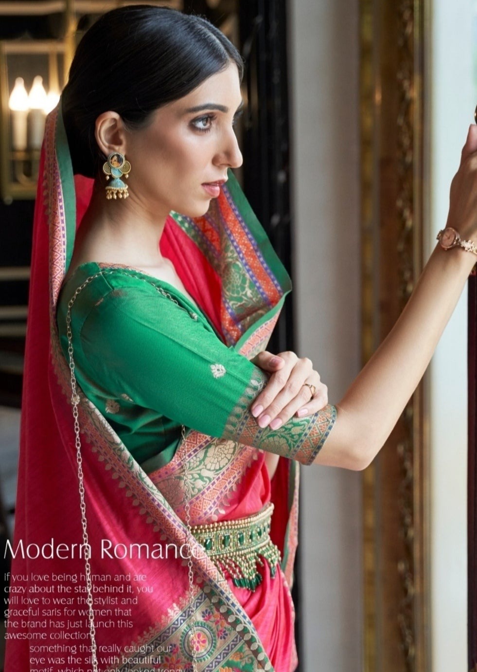 Pure Banarasi Tussar Silk Rose Red Handloom Saree