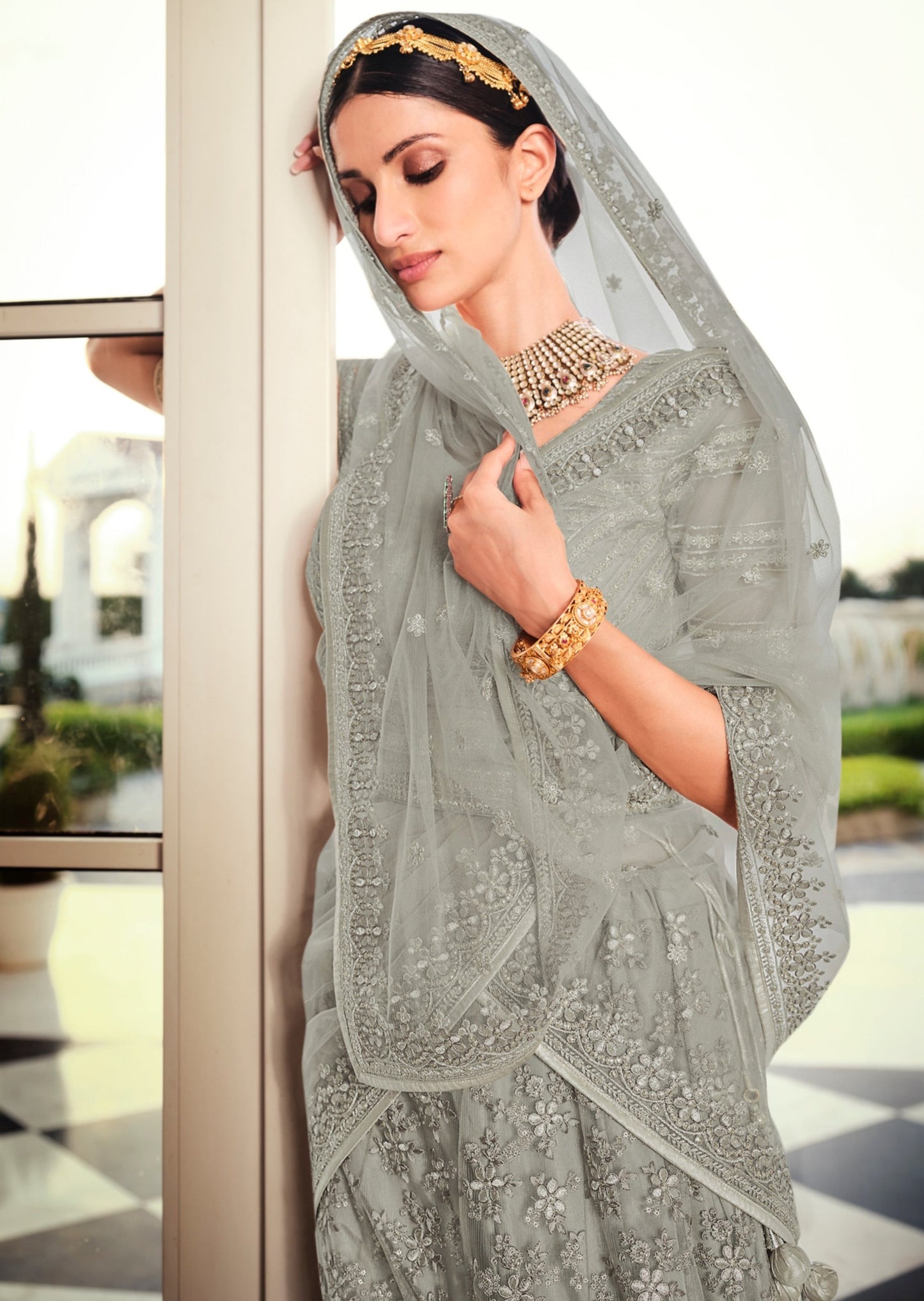 Grey Net Lehenga Choli With Dupatta