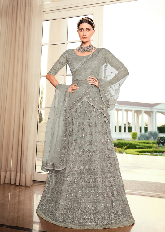 Grey Net Lehenga Choli With Dupatta