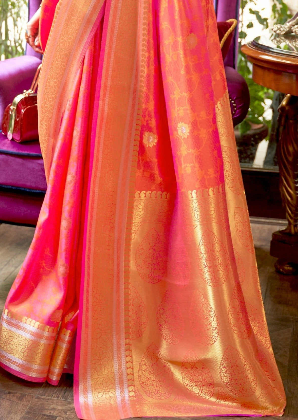 Pure Katan Silk Rose Pink Banarasi Handloom Saree