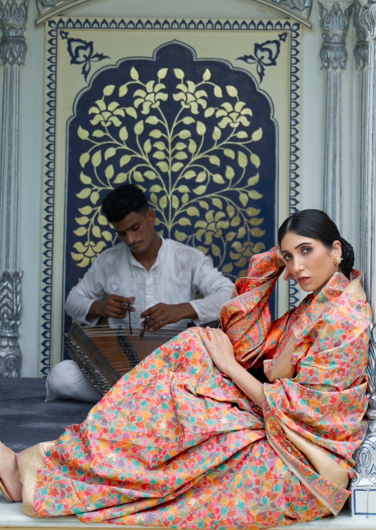 Kashmiri Jamawar Silk Peach Pashmina Saree