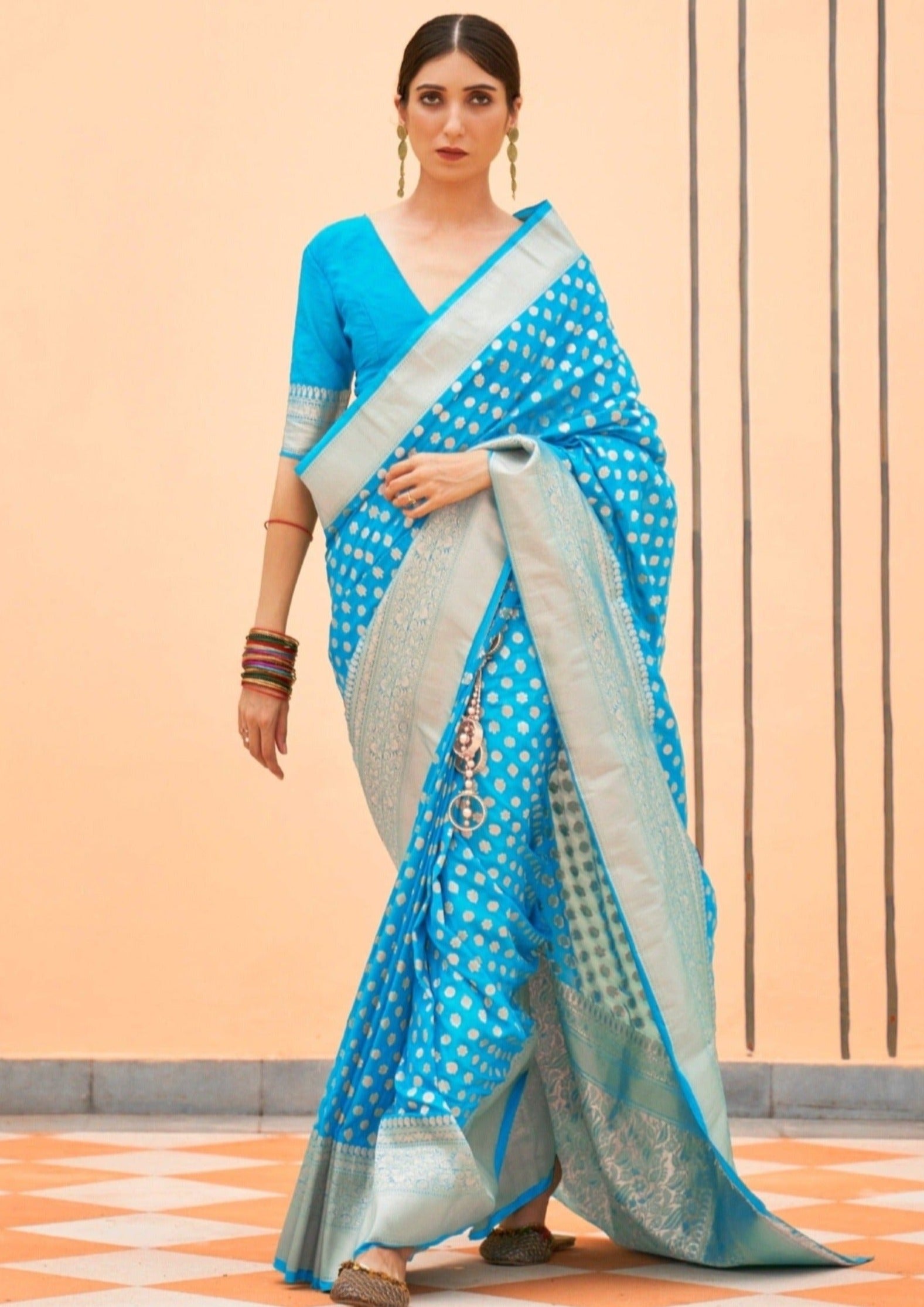 Shop Khaddi Georgette Blue Banarasi Saree Blouse Designs Online