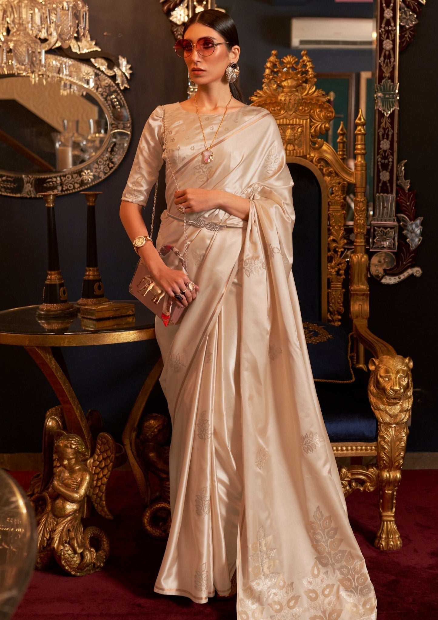 Pure Satin Silk Handloom Beige Cream Saree