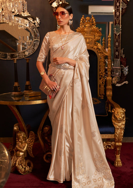 Pure Satin Silk Handloom Beige Cream Saree