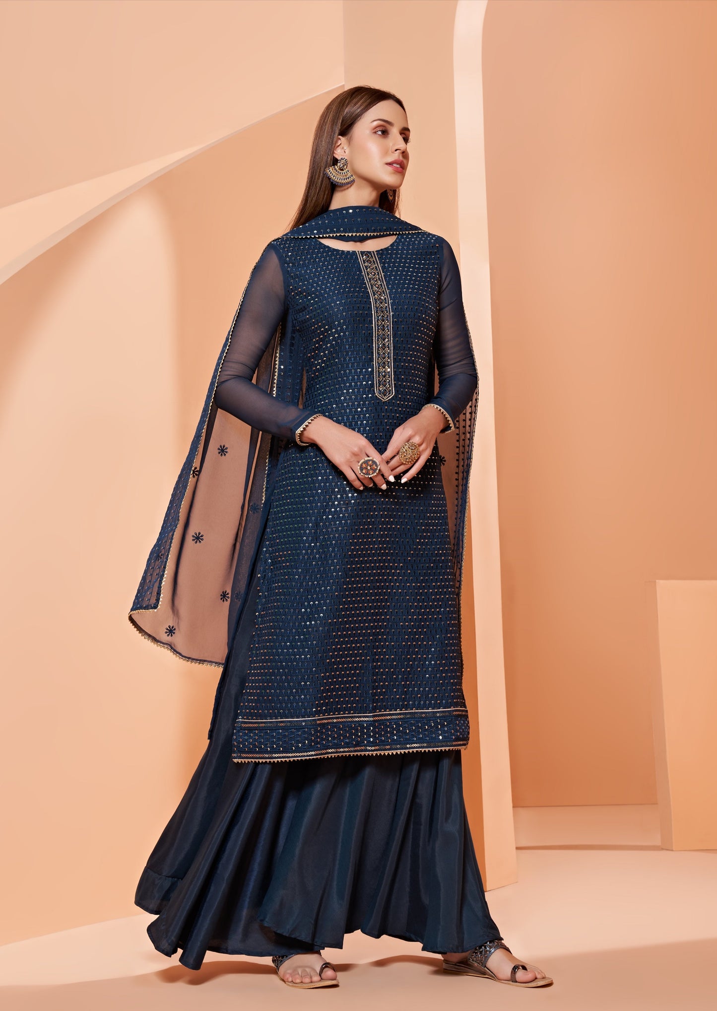 Semi-stitched Navy Blue Sharara Suit