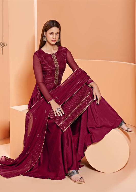Semi-stitched Maroon Sharara Suit