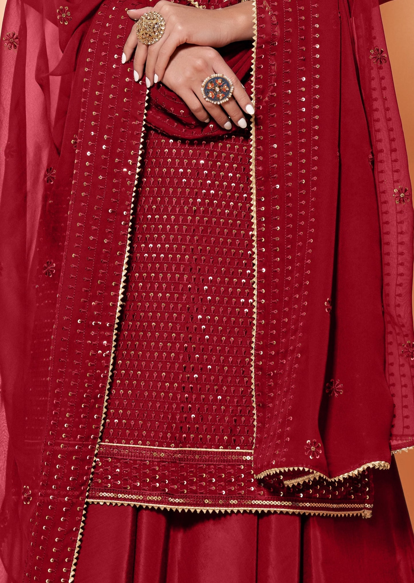Semi-stitched Red Sharara Suit