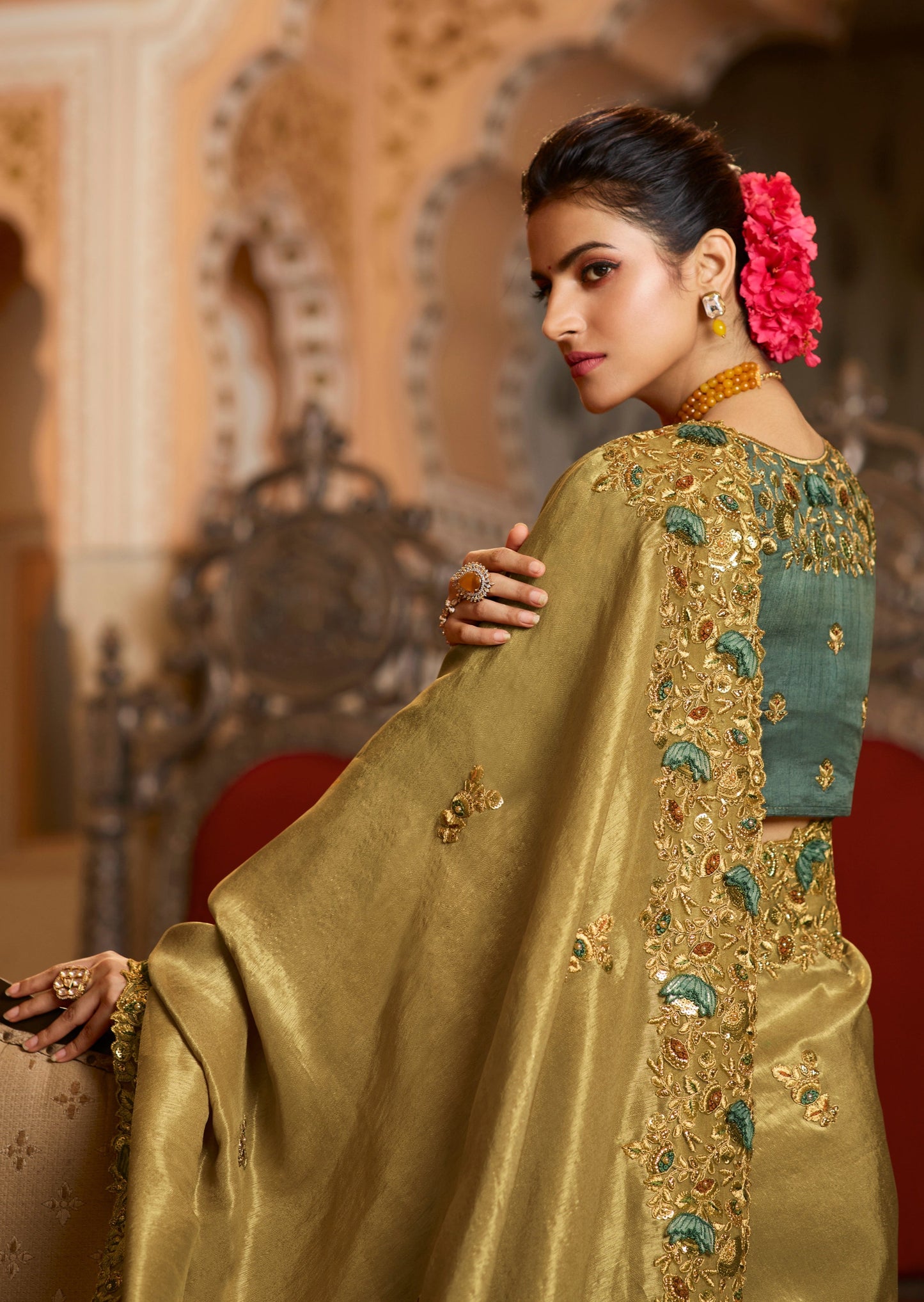 Soft Organza Party Wear Gold Designer Saree