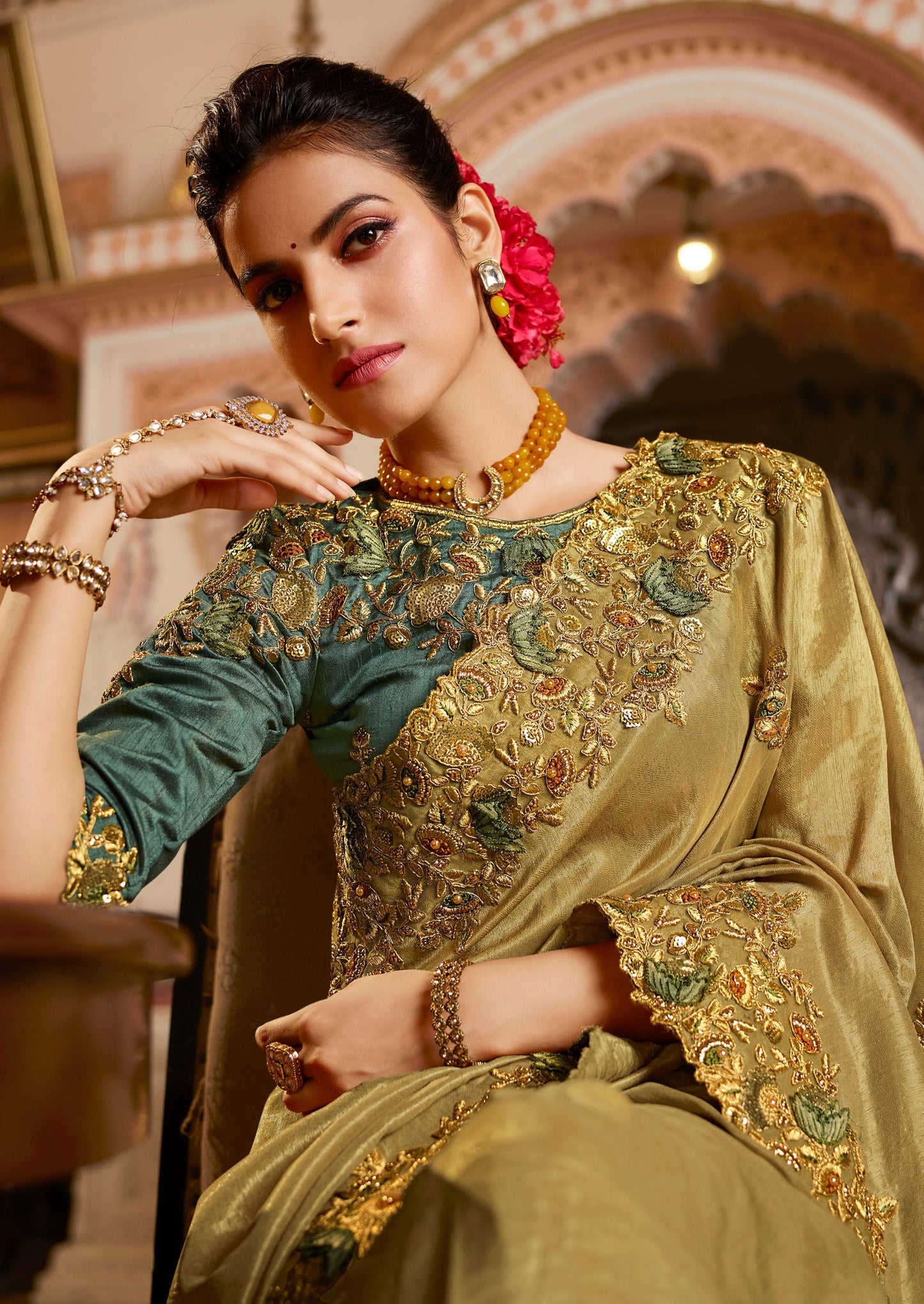 Soft Organza Party Wear Gold Designer Saree