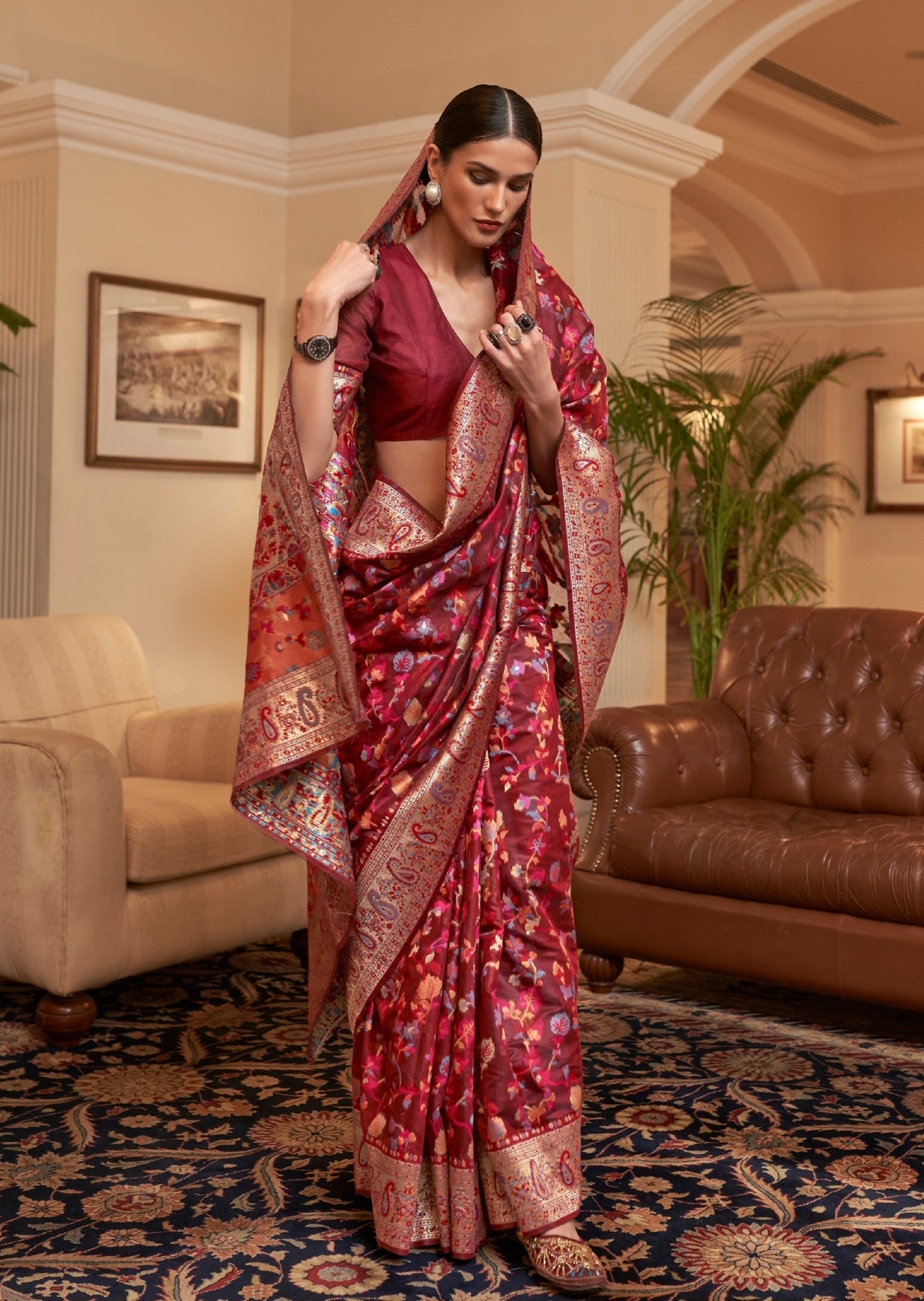 Kashmiri Pashmina Maroon Red Bridal Silk Saree