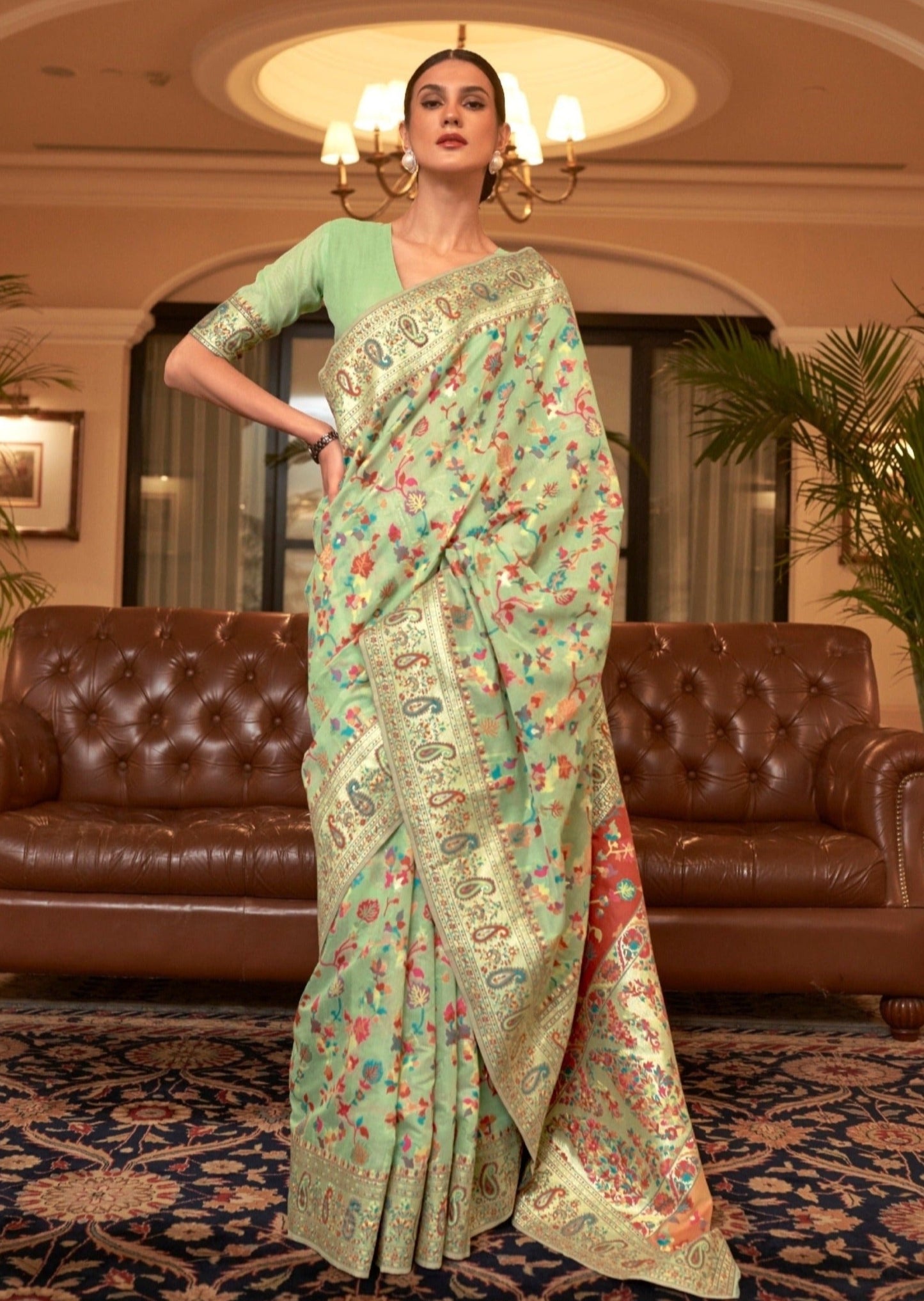 Kashmiri jamawar silk mint green saree online shopping with price.