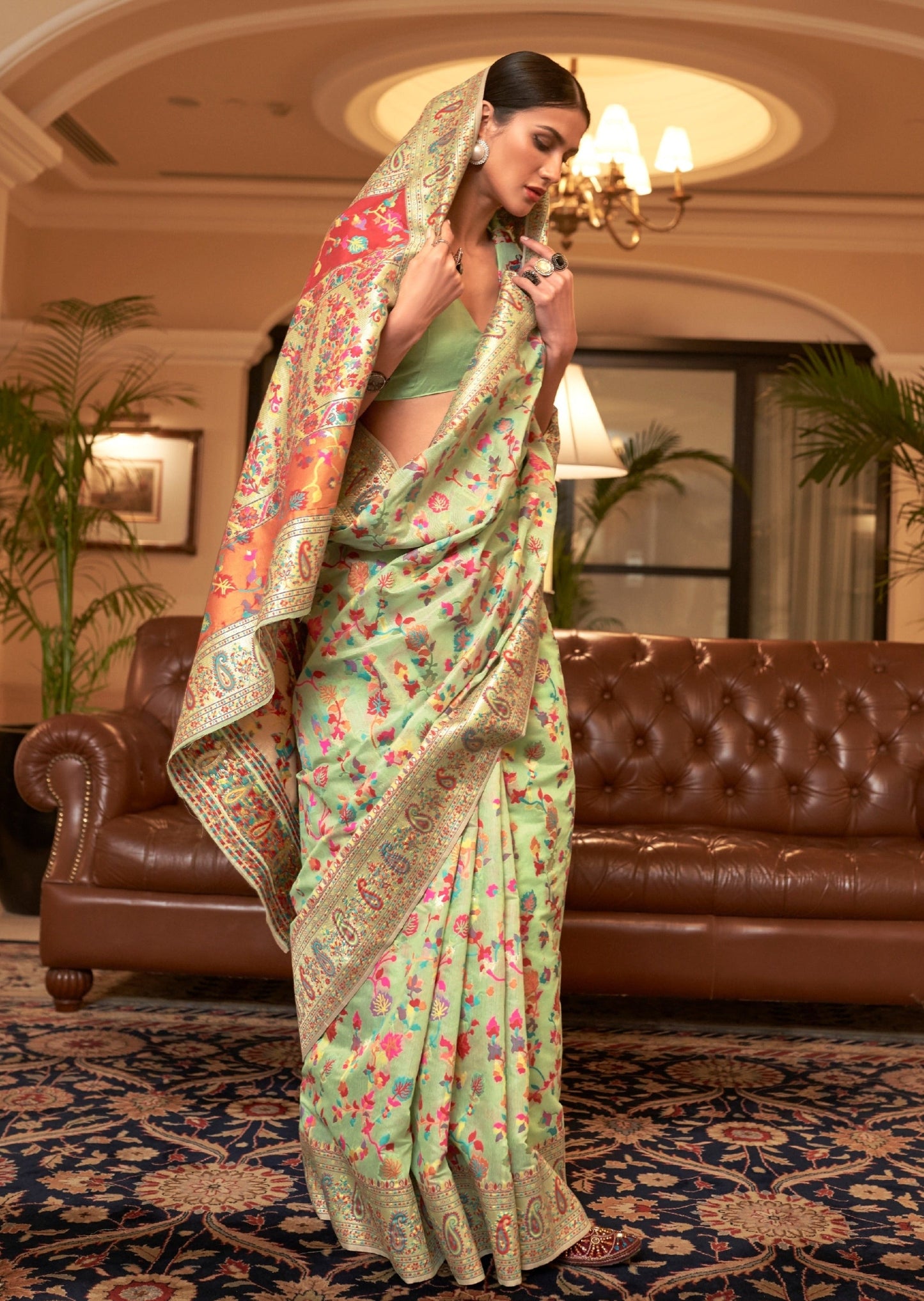 Kashmiri Jamawar Silk Mint Green Handloom Saree