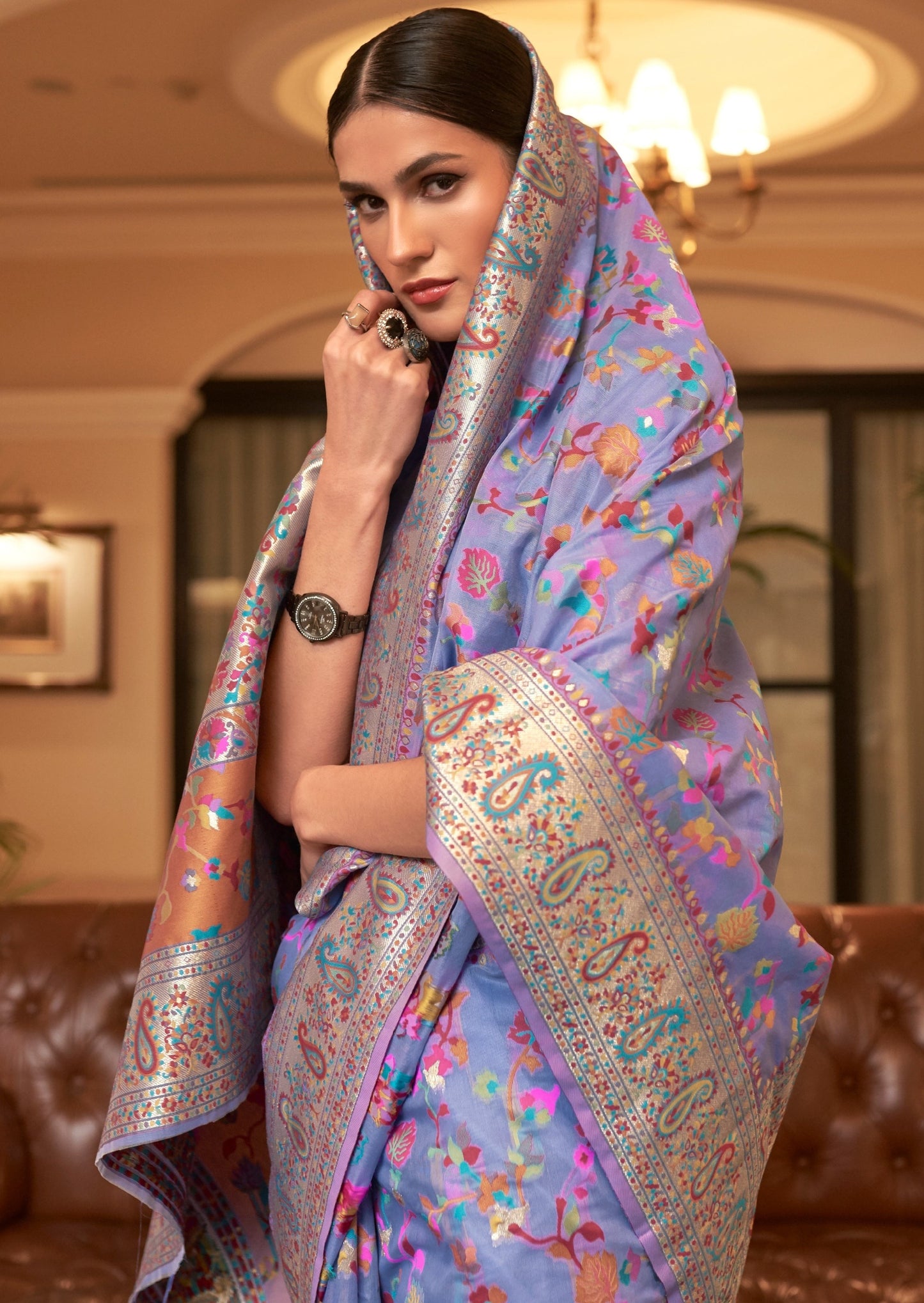 Kashmiri Jamawar Silk Lavender Purple Saree