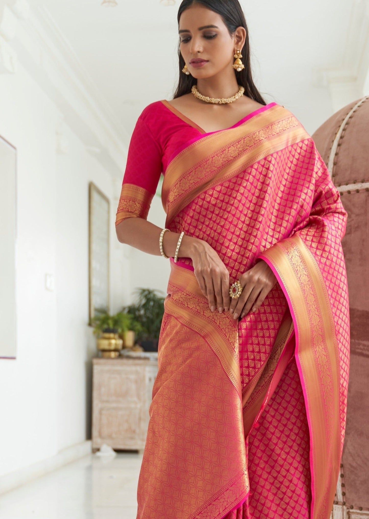 Kanjivaram Silk Pink Handloom Bridal Saree